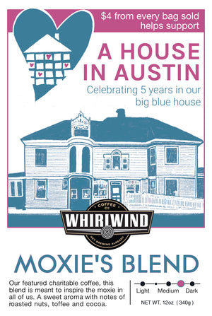 Whirlwind Coffee Moxie's Blend packaging with a house illustration and charitable message.
