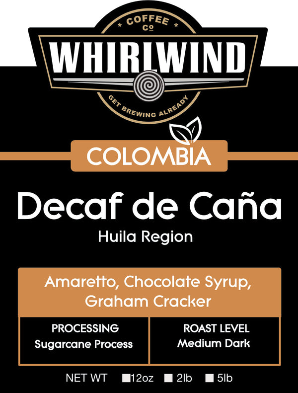 Whiriwind Colombia Decaf de Caña coffee label with product details.