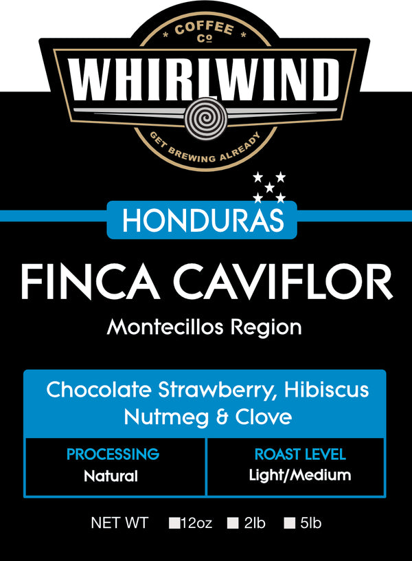 Whiriwind Honduras Finca Caviflor coffee packaging with flavor notes and roast level details.