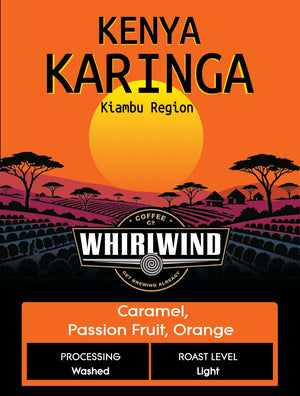 Kenya Karinga, showing a bright orange and black design with a yellow sun, silhouetted trees, coffee fields, and flavor text for Caramel, Passion Fruit, and Orange.