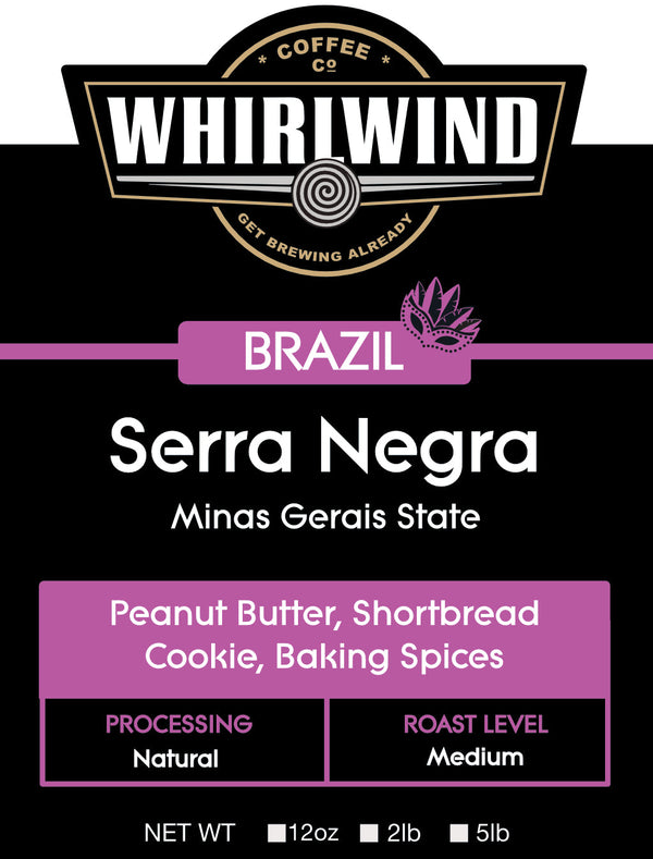 Whiriwind coffee package with 'Brazil Serra Negra' flavor description on a black background
