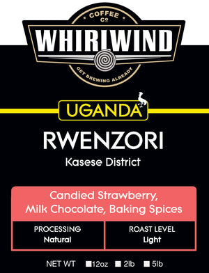 Whiriwind coffee label for Uganda Rwenzori with flavor notes and roast level details.
